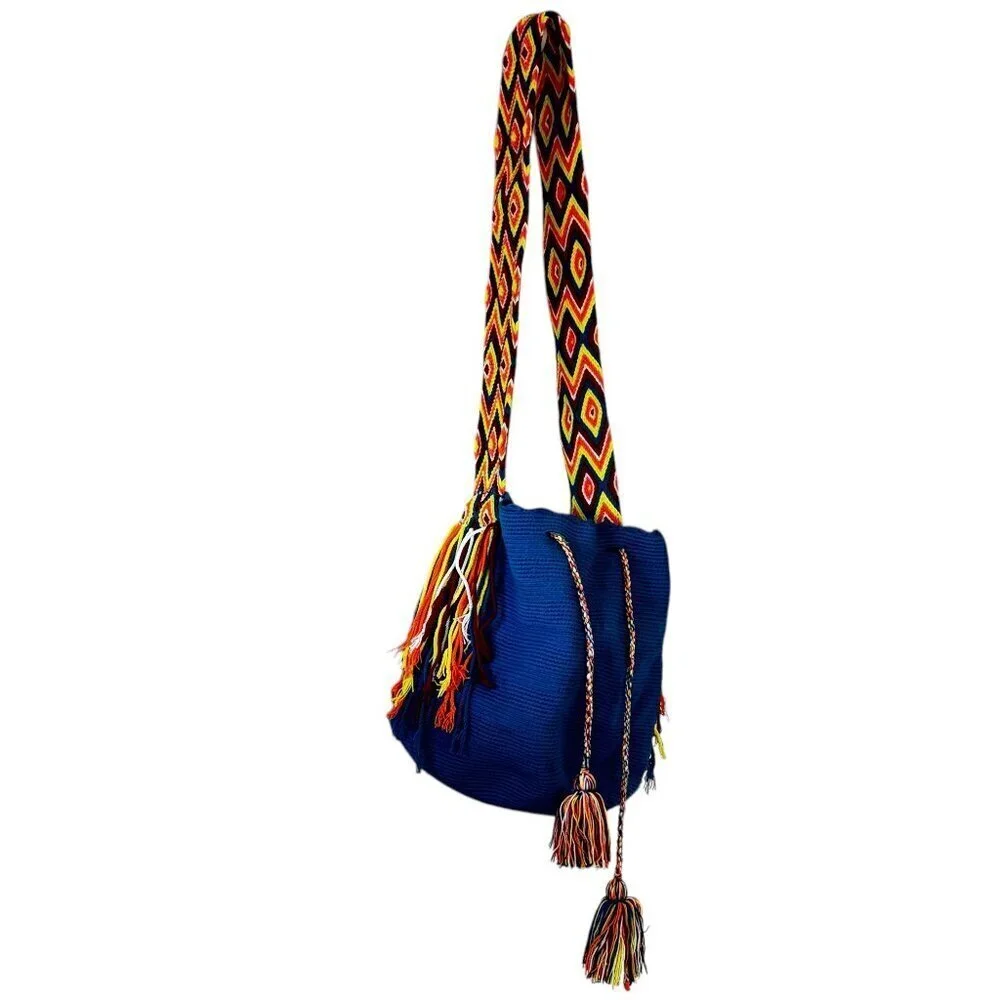 Wayuu Mochila Bucket Hobo Bag Columbian Riohacha Drawstring Multi Strap Blue